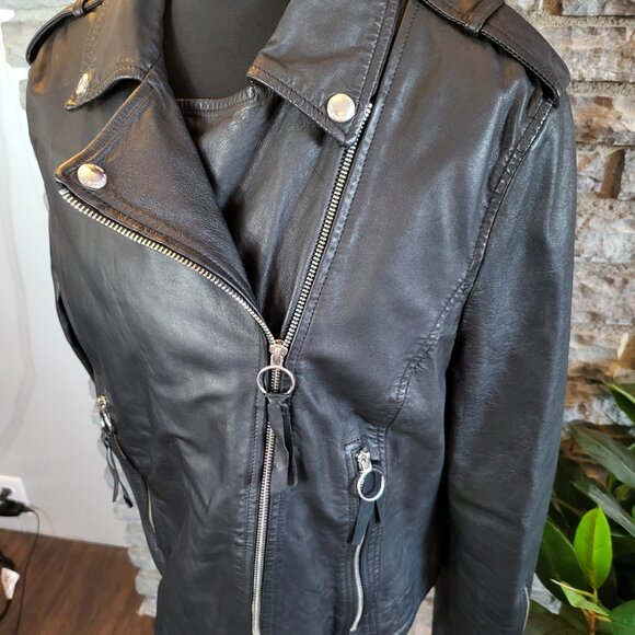 Sam Edelman Moto Biker Zip Cuff Black Jacket Leather Texture Womens Large - Picture 2 of 16